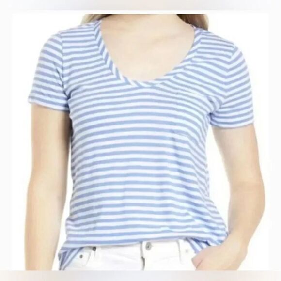 Caslon, Short Sleeve Corton Rounded V-Neck Tee, White-Blue Stripe Size XXS - Picture 1 of 14